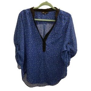 AGB Womens Sz S Blue Black Polka Dot 3/4 Sleeve Blouse